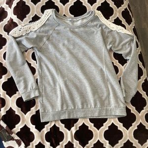 Small gray Charlotte Russe sweatshirt with open shoulders and embroidered detail